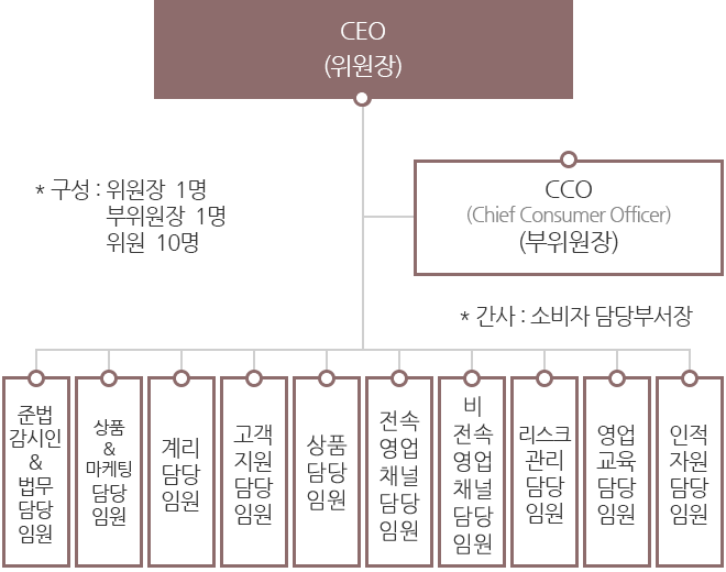 CEO(위원장) - CCO(Chief Consumer Officer)(부위원장) - 준법감시인&법무담당임원, 상품&마케팅담당임원, 계리담당임원, 고객지원담당임원, FC담당임원, BA&GB담당임원, GA담당임원, 리스크담당임원, 영업교육담당임원, 인사담당임원, 구성 : 위원장 1명, 부위원장 1명, 위원 10명, 간사 : 소비자 담당부서장