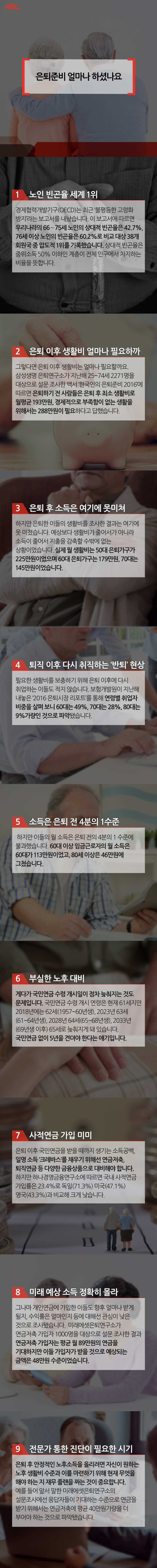 은퇴준비 얼마나 하셨나요, 1. 노인 빈곤율 세계 1위 : 경제협력개발기구(OECD)는 최근 ‘불평등한 고령화 방지’라는 보고서를 내놨습니다. 이 보고서에 따르면 우리나라의 66∼75세 노인의 상대적 빈곤율은 42.7%, 76세 이상 노인의 빈곤율은 60.2%로 비교 대상 38개 회원국 중 압도적 1위를 기록했습니다. 상대적 빈곤율은 중위소득 50% 이하인 계층이 전체 인구에서 차지하는 비율을 뜻합니다. 2. 은퇴 이후 생활비 얼마나 필요하까 : 그렇다면 은퇴 이후 생활비는 얼마나 필요할까요. 삼성생명 은퇴연구소가 지난해 25~74세 2271명을 대상으로 설문 조사한 백서 ‘한국인의 은퇴준비 2016’에 따르면 은퇴하기 전 사람들은 은퇴 후 최소 생활비로 월평균 193만원, 경제적으로 부족함이 없는 생활을 위해서는 288만원이 필요하다고 답했습니다. 3. 은퇴 후 소득은 여기에 못미쳐 : 하지만 은퇴한 이들의 생활비를 조사한 결과는 여기에 못 미쳤습니다. 예상보다 생활비가 줄어서가 아니라 소득이 줄어서 지출을 감축할 수밖에 없는 상황이었습니다. 실제 월 생활비는 50대 은퇴가구가 225만원이었으며 60대 은퇴가구는 179만원, 70대는 145만원이었습니다. 4. 퇴직 이후 다시 취직하는 ‘반퇴’ 현상 : 필요한 생활비를 보충하기 위해 은퇴 이후에 다시 취업하는 이들도 적지 않습니다. 보험개발원이 지난해 내놓은 ‘2016 은퇴시장 리포트’를 통해 연령별 취업자 비중을 살펴 보니 60대는 49%, 70대는 28%, 80대는 9%가량인 것으로 파악됐습니다. 5. 소득은 은퇴 전 4분의 1수준 :  하지만 이들의 월 소득은 은퇴 전의 4분의 1 수준에 불과했습니다. 60대 이상 임금근로자의 월 소득은 60대가 113만원이었고, 80세 이상은 46만원에 그쳤습니다. 6. 부실한 노후 대비 : 게다가 국민연금 수령 개시일이 점차 늦춰지는 것도 문제입니다. 국민연금 수령 개시 연령은 현재 61세지만 2018년에는 62세(1957~60년생), 2023년 63세(61~64년생), 2028년 64세(65~68년생), 2033년(69년생 이후) 65세로 늦춰지게 돼 있습니다. 국민연금 없이 5년을 견뎌야 한다는 얘기입니다. 7. 사적연금 가입 미미 : 은퇴 이후 국민연금을 받을 때까지 생기는 소득공백, 일명 소득 ‘크레바스’를 채우기 위해선 연금저축, 퇴직연금 등 다양한 금융상품으로 대비해야 합니다. 하지만 하나경영금융연구소에 따르면 국내 사적연금 가입률은 23.4%로 독일(71.3%) 미국(47.1%) 영국(43.3%)과 비교해 크게 낮습니다. 8. 미래 예상 소득 정확히 몰라 : 그나마 개인연금에 가입한 이들도 향후 얼마나 받게 될지, 수익률은 얼마인지 등에 대해선 관심이 낮은 것으로 조사됐습니다.  미래에셋은퇴연구소가 연금저축 가입자 1000명을 대상으로 설문 조사한 결과 연금저축 가입자는 평균 월 89만원의 연금을 기대하지만 이들 가입자가 받을 것으로 예상되는 금액은 48만원 수준이었습니다. 9. 전문가 통한 진단이 필요한 시기 : 은퇴 후 안정적인 노후소득을 올리려면 자신이 원하는 노후 생활비 수준과 이를 마련하기 위해 현재 무엇을 해야 하는 지 재무 플랜을 짜는 것이 중요합니다. 예를 들어 앞서 말한 미래에셋은퇴연구소의 설문조사에선 응답자들이 기대하는 수준으로 연금을 받기 위해서는 연금저축에 평균 40만원가량을 더 부어야 하는 것으로 파악됐습니다. 