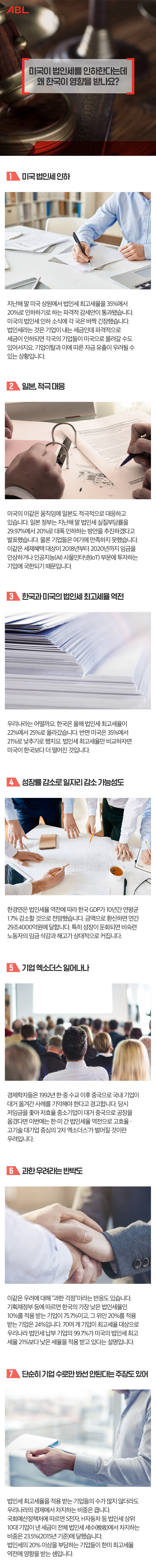 미국이 법인세를 인하한다는데 왜 한국이 영향을 받나요? 1. 미국 법인세 인하 : 지난해 말 미국 상원에서 법인세 최고세율을 35%에서 20%로 인하하기로 하는 파격적 감세안이 통과됐습니다. 미국의 법인세 인하 소식에 각 국은 바짝 긴장했습니다. 법인세라는 것은 기업이 내는 세금인데 파격적으로 세금이 인하되면 각국의 기업들이 미국으로 몰려갈 수도 있어서지요. 기업이탈과 이에 따른 자금 유출이 우려될 수 있는 상황입니다. 2. 일본, 적극 대응 : 미국의 이같은 움직임에 일본도 적극적으로 대응하고 있습니다. 일본 정부는 지난해 말 법인세 실질부담률을 29.97%에서 20%로 대폭 인하하는 방안을 추진하겠다고 발표했습니다. 물론 기업들은 여기에 만족하지 못했습니다. 이같은 세제혜택 대상이 2018년부터 2020년까지 임금을 인상하거나 인공지능(AI) 사물인터넷(IoT) 부문에 투자하는 기업에 국한되기 때문입니다. 3. 한국과 미국의 법인세 최고세율 역전 : 우리나라는 어떨까요. 한국은 올해 법인세 최고세율이 22%에서 25%로 올라갔습니다. 반면 미국은 35%에서 21%로 낮추기로 했지요. 법인세 최고세율만 비교하자면 미국이 한국보다 더 떨어진 것입니다. 4. 자본유출 우려 : 이에 대해 우리나라 학계에서는 자본유출을 우려하고 있습니다. 한국경제연구원은 지난해 12월 27일 발표한 보고서에서 “한국은 법인세 인상으로 투자가 줄고 자본 유출이 일어날 것”이라며 “한국과 미국의 법인세 최고세율이 역전되면 향후 10년간 한국의 국내총생산(GDP)이 연평균 29조원씩 줄어든다”고 발표했습니다. 5. 성장률 감소로 일자리 감소 가능성도 : 한경연은 법인세율 역전에 따라 한국 GDP가 10년간 연평균 1.7% 감소할 것으로 전망했습니다. 금액으로 환산하면 연간 29조4000억원에 달합니다. 특히 성장이 둔화되면 비숙련노동자의 임금 삭감과 해고가 상대적으로 커집니다. 6. 기업 엑소더스 일어나나 : 경제학자들은 1992년 한·중 수교 이후 중국으로 국내 기업이 대거 옮겨간 사례를 기억해야 한다고 경고합니다. 당시 저임금을 좇아 저효율 중소기업이 대거 중국으로 공장을 옮겼다면 이번에는 한·미 간 법인세율 역전으로 고효율·고기술 대기업 중심의 ‘2차 엑소더스’가 벌어질 것이란 우려입니다. 7. 과한 우려라는 반박도 : 이같은 우려에 대해 “과한 걱정”이라는 반응도 있습니다. 기획재정부 등에 따르면 한국의 가장 낮은 법인세율인 10%를 적용 받는 기업이 75.7%이고, 그 위인 20%를 적용 받는 기업은 24%입니다. 70여 개 기업이 최고세율 대상으로 우리나라 법인세 납부 기업의 99.7%가 미국의 법인세 최고세율 21%보다 낮은 세율을 적용 받고 있다는 설명입니다. 8. 단순히 기업 수로만 봐선 안된다는 주장도 있어 : 법인세 최고세율을 적용 받는 기업들의 수가 많지 않더라도 우리나라의 경제에서 차지하는 비중은 큽니다. 국회예산정책처에 따르면 S전자, H자동차 등 법인세 상위 10대 기업이 낸 세금이 전체 법인세 세수(稅收)에서 차지하는 비중은 23.5%(2015년 기준)에 달했습니다. 법인세의 20% 이상을 부담하는 기업들이 한미 최고세율 역전에 영향을 받는 셈입니다.