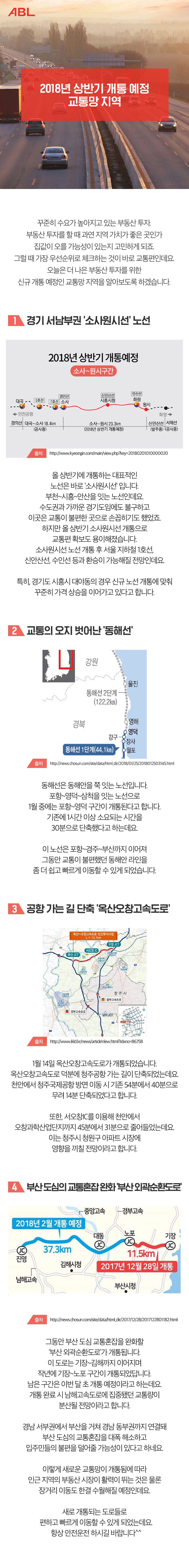 제목: 2018년 상반기 개통 예정 교통망 지역, 곧 있을 설 명절을 앞두고, 명절 때마다 더 편하고 빠르게 갈 수 있는 방법을 고민하시는 분들 많으시죠. 신규 개통되는 교통망 지역들을 잘 확인하시고 더 나은 귀경길 되세요 :) 오늘은 2018년 상반기 새로 개통되었거나 개통 예정인 교통망 지역을 알아보도록 하겠습니다. 1. 경기 서남부권 소사원시선 노선 : 올 상반기에 개통하는 대표적인 노선은 바로 ‘소사원시선’ 입니다. 부천~시흥~안산을 잇는 노선인데요. 수도권과 가까운 경기도임에도 불구하고 이곳은 교통이 불편한 곳으로 손꼽히기도 했죠. 하지만 올 상반기 소사원시선 개통으로 교통편 확보도 용이해 졌습니다. 소사원시선 노선 개통 후 서울 지하철 1호선, 신안산선, 수인선 등과 환승이 가능해 질 전망인데요. 이는 2018년 6월 16일 전 구간 개통될 예정이라고 합니다. 2. 교통의 오지 벗어난 동해선 : 동해선은 동해안을 쭉 잇는 노선입니다. 포항~영덕~삼척을 잇는 노선으로 지난 1월 26일에는 포항~영덕 구간이 개통되었습니다. 기존에 1시간 이상 소요되는 시간을 30분으로 단축했다고 하는데요. 이 노선은 포항~경주~부산까지 이어져 그 동안 교통이 불편했던 동해안 라인을 좀 더 쉽고 빠르게 이동할 수 있게 되었습니다. 3. 공항 가는 길 단축 옥산오창고속도로 : 1월 14일 옥산오창고속도로가 개통되었습니다. 옥산오창고속도로 덕분에 청주 공항 가는 길이 단축되었는데요. 천안에서 청주 국제공항 방면 이동 시 기존 54분에서 40분으로 약 14분 단축되었다고 합니다. 또한, 서오창IC를 이용해 천안에서 오창과학산업단지까지 45분에서 31분으로 줄어들었는데요. 이는 인근 청주시 청원구에 사시는 분들에게는 희소식이겠네요. 4. 부산 도심의 교통혼잡 완화 부산 외곽순환도로 : 그 동안 부산 도심 교통 혼잡을 완화할 ‘부산 외곽 순환도로’가 개통됩니다. 이 도로는 기장~김해까지 이어지며 작년에 기장~노포 구간이 개통되었답니다. 남은 구간은 오는 7일 전체 개통 예정이라고 하는데요. 개통 완료 시 남해 고속도로에 집중됐던 교통량이 분산될 전망이라고 합니다. 경남 서부권에서 부산을 거쳐 경남 동부권까지 연결돼 부산 도심의 교통 혼잡을 대폭 해소하고 입주민들의 불편을 덜어 줄 가능성이 있다고 하네요.이렇게 새로운 교통망이 개통됨에 따라 장거리 이동도 한결 수월해 질 예정인데요. 설 귀경길에 새로 개통되는 도로들을 이용하셔서 이번 연휴, 안전하고 편안한 귀경길 되시길 바라겠습니다. ^^