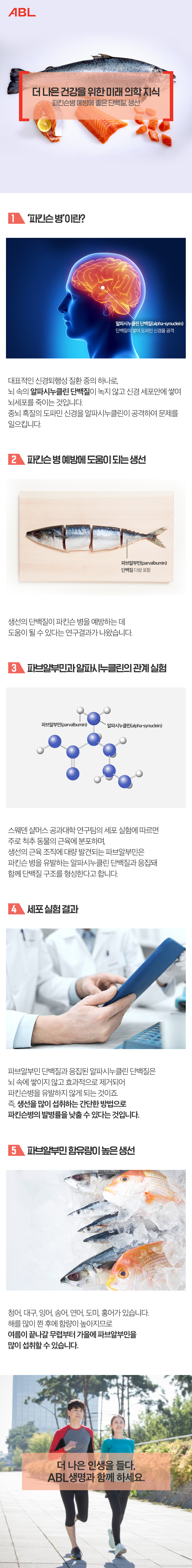 제목 : 더 나은 미래를 위한 건강 지식, 파킨슨병 예방에 좋은 단백질, 생선, 1. ‘파킨슨 병’이란? : 알파시누클린(alpha-synuclein) 단백질이 쌓여 도파민 신경을 공격, 대표적인 신경퇴행성 질환 중의 하나로, 뇌 속의 알파시누클린 단백질이 녹지 않고 신경 세포안에 쌓여 뇌세포를 죽이는 것입니다. 중뇌 흑질의 도파민 신경을 알파시누클린이 공격하여 문제를 일으킵니다. 2. 파킨슨 병 예방에 도움이 되는 생선 : 파브알부민(parvalbumin) 단백질 다량 포함, 생선의 단백질이 파킨슨 병을 예방하는 데 도움이 될 수 있다는 연구결과가 나왔습니다. 3. 파브알부민과 알파시누클린의 관계 실험 : 알파시누클린(alpha-synuclein), 파브알부민(parvalbumin), 스웨덴 샬머스 공과대학 연구팀의 세포 실험에 따르면 주로 척추 동물의 근육에 분포하며, 생선의 근육 조직에 대량 발견되는 파브알부민은 파킨슨 병을 유발하는 알파시누클린 단백질과 응집돼 함께 단백질 구조를 형성한다고 합니다. 4. 세포 실험 결과 : 파브알부민 단백질과 응집된 알파시누클린 단백질은 뇌 속에 쌓이지 않고 효과적으로 제거되어 파킨슨병을 유발하지 않게 되는 것이죠. 즉, 생선을 많이 섭취하는 간단한 방법으로 파킨슨병의 발병률을 낮출 수 있다는 것입니다. 5. 파브알부민 함유량이 높은 생선 : 청어, 대구, 잉어, 송어, 연어, 도미, 홍어가 있습니다. 해를 많이 쬔 후에 함량이 높아지므로 여름이 끝나갈 무렵부터 가을에 파브알부민을 많이 섭취할 수 있습니다. 더 나은 인생을 들다, ABL생명과 함께 하세요.