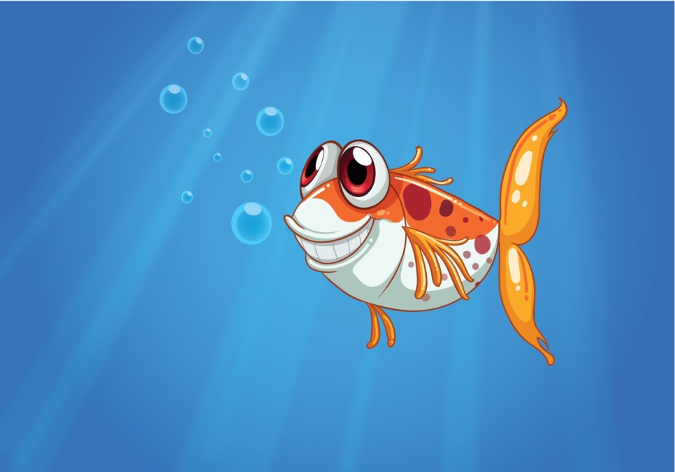 눈이 크게 과장된 형태의 물고기가 물속에서 사람처럼 웃고있는 일러스트 이미지