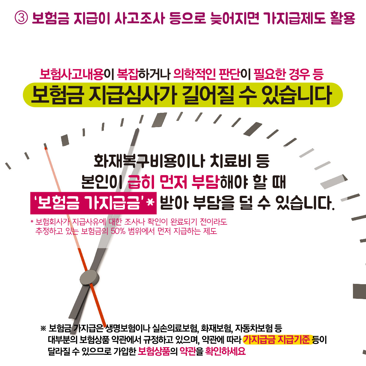 3. 보험금 지급이 사고조사 등으로 늦어지면 가지급제도 활용, 보험사고내용이 복잡하거나 의학적인 판단이 필요한 경우 등 보험금 지급심사가 길어질 수 있습니다. 화재복구비용이나 치료비 등 본인이 급히 먼저 부담해야 할 때 보험금 가지급금 받아 부담을 덜 수 있습니다. * 보험회사가 지급사유에 대한 조사나 확인이 완료되기 전이라도 추정하고 있는 보험금의 50% 범위에서 먼저 지급하는 제도, * 보험금 가지급은 생명보험이나 실손의료보험, 화재보험, 자동차보험 등 대부분의 보험상품 약관에서 규정하고 있으며, 약관에 따라 가지급금 지급기준 등이 달라질 수 있으므로 가입한 보험상품의 약관을 확인하세요.