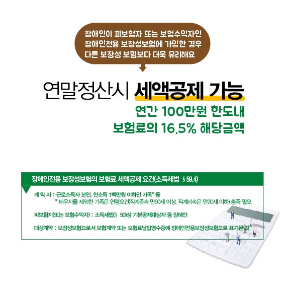 장애인이 피보험자 또는 보험수익자인 장애인전용 보장성보험에 가입한 경우 다른 보장성 보험보다 더욱 유리해요. 연말정산시 세액공제 가능, 연간 100만원 한도내 보험료의 16.5% 해당금액, 장애인전용 보장성보험의 보험료 세액공제 요건(소득세법 ∮ 59.4), 계약자 : 근로소득자 본인, 연소득 1백만원 이하인 가족 등, *배우자를 제외한 가족은 연령요건(직계존석 만 60세 이상, 직계비속은 만20세 이하) 충족 필요, 피보험자(또는 보험수익자) : 소득세법(∮ 50)상 기본공제대상자 중 장애인, 대상계약 : 보장성보험으로서 보험계약 또는 보험료납입영수증에 장애인정용보장성보험으로 표기된것