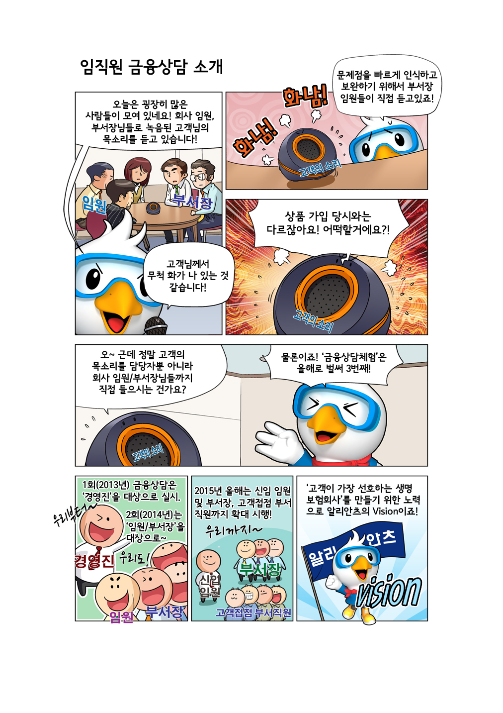 임직원 금융상담 소개 카툰에 대한 스크립트입니다. 알로가 이야기합니다. 오늘은 굉장히 많은 사람들이 모여 있네요! 회사 임원, 부서장님들로 녹음된 고객님의 목소리를 듣고 있습니다. 고객님께서 무척 화가 나 있는 것 같습니다! 문제점을 빠르게 인식하고 보완하기 위해서 부서장 임원들이 직접 듣고있죠! 임원과 부서장들이 스피커로 고객의 소리를 듣고있습니다. 상품 가입 당시와는 다르잖아요! 어떡할거에요! 오~ 근데 정말 고객의 목소리를 담당자뿐 아니라 회사 임원/부서장님들까지 직접 들으시는 건가요?라고 스피커에서 나옵니다. 알로가 말합니다. 물론이죠! '금융상담체험'은 올해로 벌써 3번째! 1회(2013년) 금융상담은 '경영진'을 대상으로 실시. 2회(2014년)는 '임원/부서장'을 대상으로 2015년 신임 임원 및 부서장, 고객접점 부서 직원까지 확대 시행! '고객이 가장 선호하는 생명 보험회사'를 만들기 위한 노력으로 알리안츠의 Vision이죠!