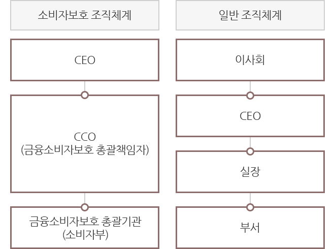 소비자보호 조직체계 : CEO - CCO(금융소비자보호 총괄책임자) - 금융소비자보호 총괄기관(소비자부), 일반조직체계 : 이사회 - CEO - 실장 - 부서