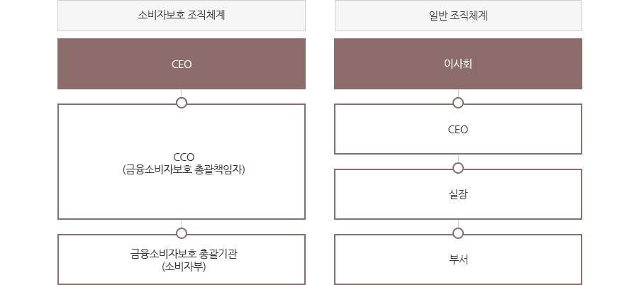 소비자보호 조직체계 : CEO - CCO(금융소비자보호 총괄책임자) - 금융소비자보호 총괄기관(소비자부), 일반조직체계 : 이사회 - CEO - 실장 - 부서