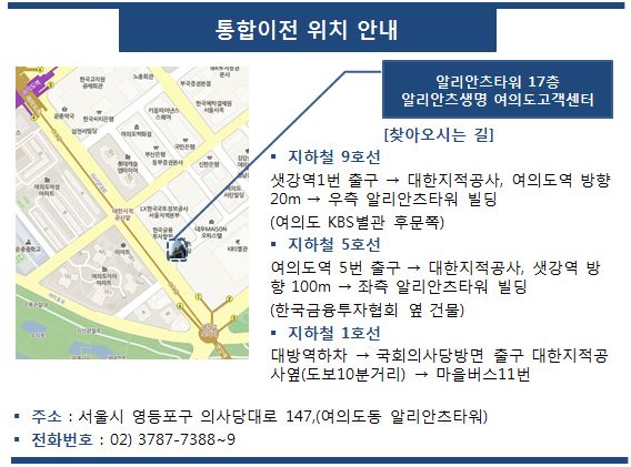 통합이전 위치 안내, 찾아오시는길 - 지하철 9호선 : 샛강역 1번 출구 > 대한지적공사, 여의도역방향 20m > 우측 알리안츠타워 빌딩(여의도 KBS별관 후문쪽), - 지하철 5호선 : 여의도역 5번 출구 > 대한지적공사, 샛강역 방향 100m > 좌측 알리안츠타워 빌딩(한국금융투자협회 옆 건물), - 지하철 1호선 : 대방역하차 > 국회의사당방면 출구 대한지적공사옆(도보 10분거리) > 마을버스 11번, 주소 : 서울시 영등포구 의사당대로 147,(여의도동 알리안츠타워), 전화번호 : 02)3787-7388~9