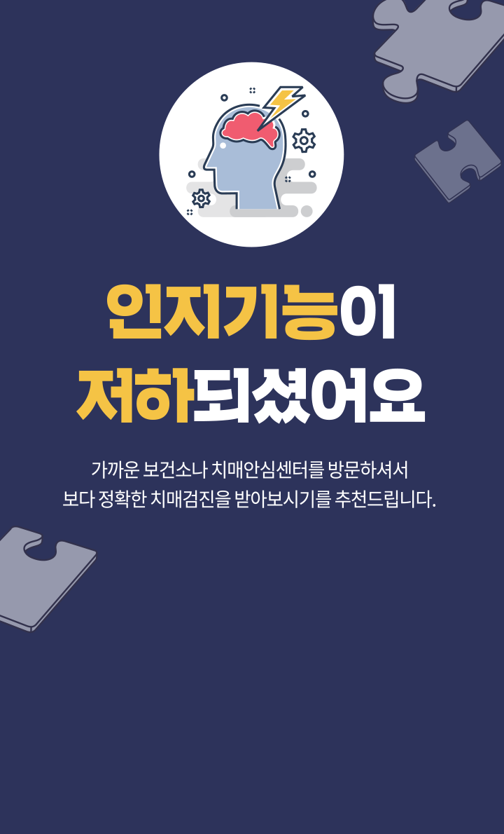 인지기능이 저하되셨어요, 가까운 보건소나 치매안심센터를 방문하셔서 보다 정확한 치매검진을 받아보시기를 추천드립니다.