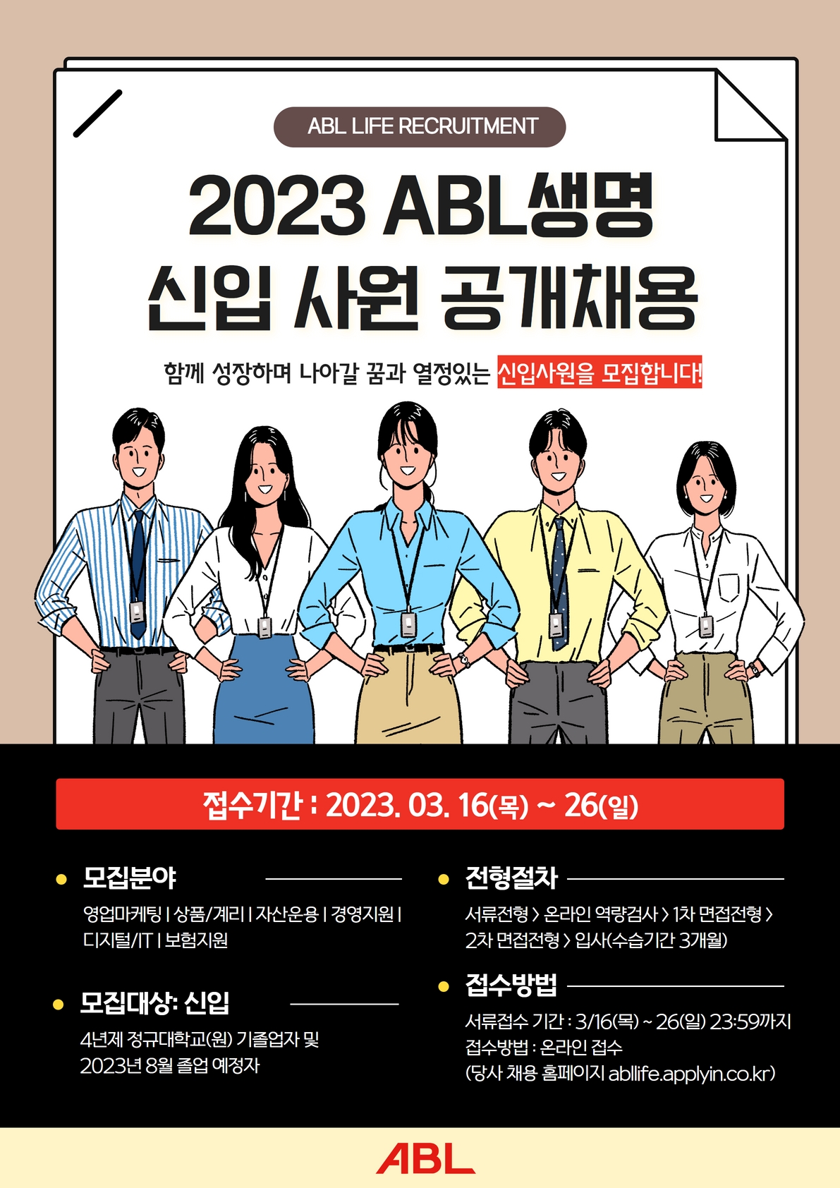 2023 ABL생명 신입사원 공개채용. 함께 성장하며 나아갈 꿈과 열정있는 신입사원을 모집합니다. 접수기간은 2023년 3월 16일 목요일부터 3월 26일까지 입니다. 모집분야는 영업마케팅, 상품, 계리, 잔산운용, 경영지원, 디지털, IT, 보험지원 입니다. 전형절차는 서류전형, 온라인 역량검사, 1차 면접전형, 2차 면접전형 후 입사하며 수습기간은 3개월 입니다. 모집대상은 신입이며, 4년제 정규대학교(원) 기졸업자 및 2023년 8월 졸업 예정자 입니다. 접수방법으로 서류접수 기간은 2023년 3월 16일 목요일부터 3월 26일 23시 59분까지이며, 접수방법은 온라인 접수이고, 당사 채용 홈페이지 abllife.applyin.co.kr에서 접수합니다.