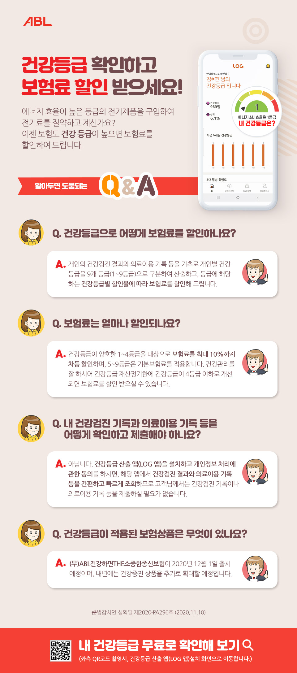 ABL 건강등급 확인하고 보험료 할인 받으세요!, 에니지 효율이 높은 등급의 전기제품을 구입하여 전기료를 절약하고 계신가요? 이젠 보험도 건강 등급이 높으면 보험료를 할인하여 드립니다. 알아두면 도움되는 Q&A, Q : 건강등급으로 어떻게 보험료를 할인하나요?, A : 개인의 건강검진 결과와 의료이용 기록 등을 기초로 개인별 건강 등급을 9개 등급(1~9등급)으로 구분하여 산출하고, 등급에 해당하는 건강등급별 할인율에 따라 보험료를 할인해 드립니다. Q : 보험료는 얼마나 할인되나요?, A : 건강등급이 양호한 1~4등급을 대상으로 보험료를 최대 10%까지 차등 할인하며, 5~9등급은 기본보험료를 적용합니다. 건강관리를 잘 하시어 건강등급 재산정기한에 건강등급이  4등급 이하로 개선되면 보험료를 할인 받으실 수 있습니다. Q : 내 건강검진 기록과 의료이용 기록 등을 어떻게 확인하고 제출해야 하나요? A : 아닙니다. 건강등급 산출앱(LOG 앱)을 설치하고 개인정보 처리에 관한 동의를 하시면, 해당 앱에서 건강검진 결과와 의료이용 기록 등을 간편하고 빠르게 조회 하므로 고객님께서는 건강검진 기록이나 의료이용 기록 등을 제출하실 필요가 없습니다. Q : 건강등급이 적용된 보험상품은 무었이 있나요? A : (무)ABL건강하면THE소중한종신보험이 2020년 12월 1일 출시 예정이며, 내년에는 건강증진 상품을 추가로 확대할 예정입니다. 준법감시인 심의필 제2020-PA296호 (2020.11.10), 내 건강등급 무료로 확인해 보기, 좌측 QR코드 촬영시, 건강등급 산출 앱(LOG 앱)설치 화면으로 이동합니다.), QR 링크주소 : https://devent.gradehc.com/5y6Q