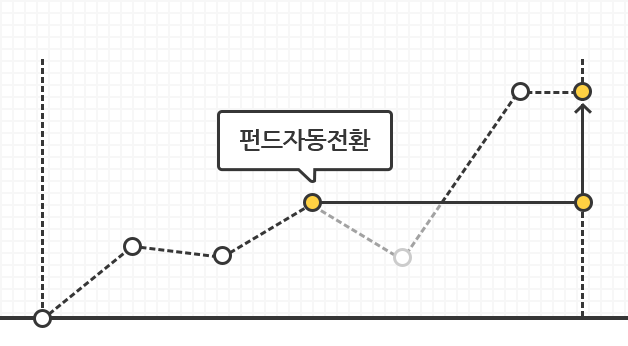 펀드자동전환 옵션으로 목표수익률 달성 시 계약자가 선택한 채권형 또는 MMF재간접형 펀드로 안전하게 자동이전됨을 보여주는 이미지