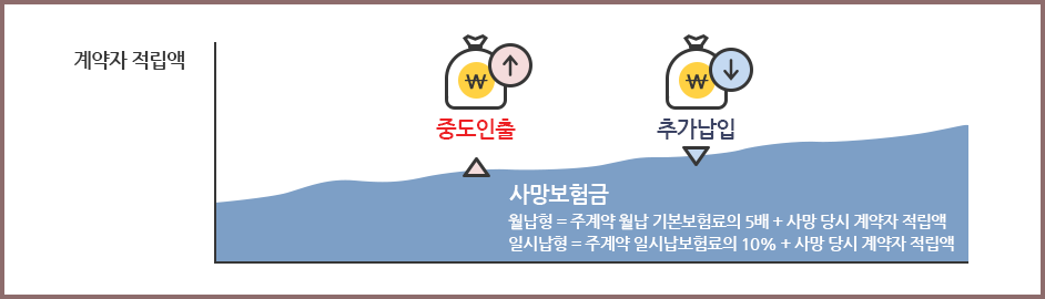 계약자 적립금 :  중도친출, 추가납입, 사망보험금 : 월납형 = 주계약 월납 기본보험료의 5배 + 사망 당시 계약자 적립액, 일시납형 = 주계약 일시납보험료의 10% + 사망 당시 계약자 적립액