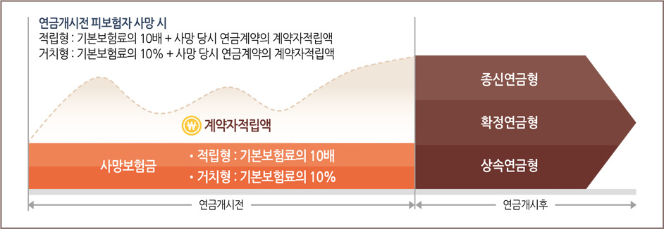 연금개시전 피보험자 사망 시, 적립형 : 기본보험료의 10배+사망 당시 연금계약의 계약자적립액, 거치형 : 기본보험료의 10%+사망 당시 연금계약의 계약자 적립액, 연금개시후 종신연금형, 확정연금형, 상속연금형 선택가능