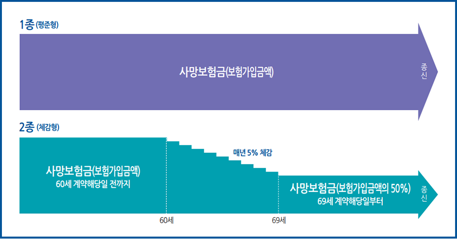 1종(평준형) : 사망보험금(보험가입금액)이 종신까지, 2종(체감형) : 사망보험금(보험가입금액)60세 계약 해당일 전까지, 60세 부터 69세까지 년 5% 체감, 사망보험금(보험가입금액의 50%)69세 계약해당일 부터 종신까지