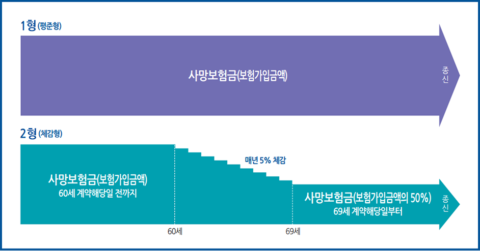 상품도해, 1형(평준형) : 사망보험금(보험가입금액)이 종신으로 유지, 2형(체감형) : 사망보험금(보험가입금액)이 60세 계약해당일 전까지 유지, 69세까지 매년 5%감소(체감), 사망보험금(보험가입금액의 50%)이 69세 계약 해당일부터 종신으로 유지