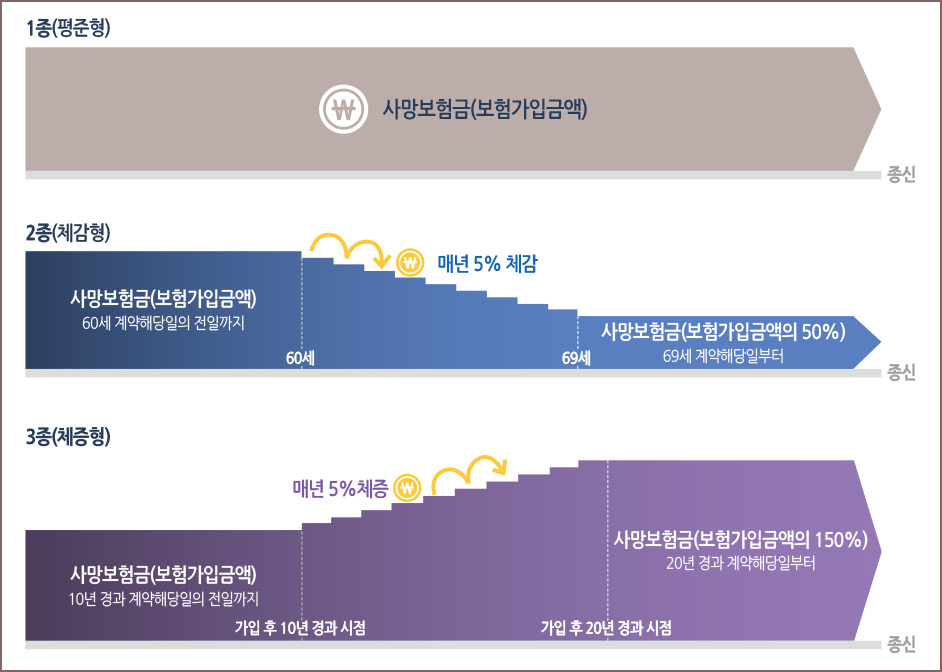 1종(평균형) : 사망보험금(보험가입금액), 종신까지, 2종(체감형) : 60세까지 사망보험금(보험가입금액), 60세 계약해당일의 전일까지 - 69세까지 매년 5% 보험료 차감, 종신까지 사망보험금(보험가입금액의 50%) - 69세 계약해당일부터, 3종(체증형) : 가입 후 10년 경과 시점, 사망보험금(보험가입금액) - 10년 경과 계약해당일의 전일까지, 가입 후 20년 경과 시점 - 매년 5% 체증, 종신까지 사망보험금(보험가입금액의 150%) - 20년 경과 계약해당일 부터